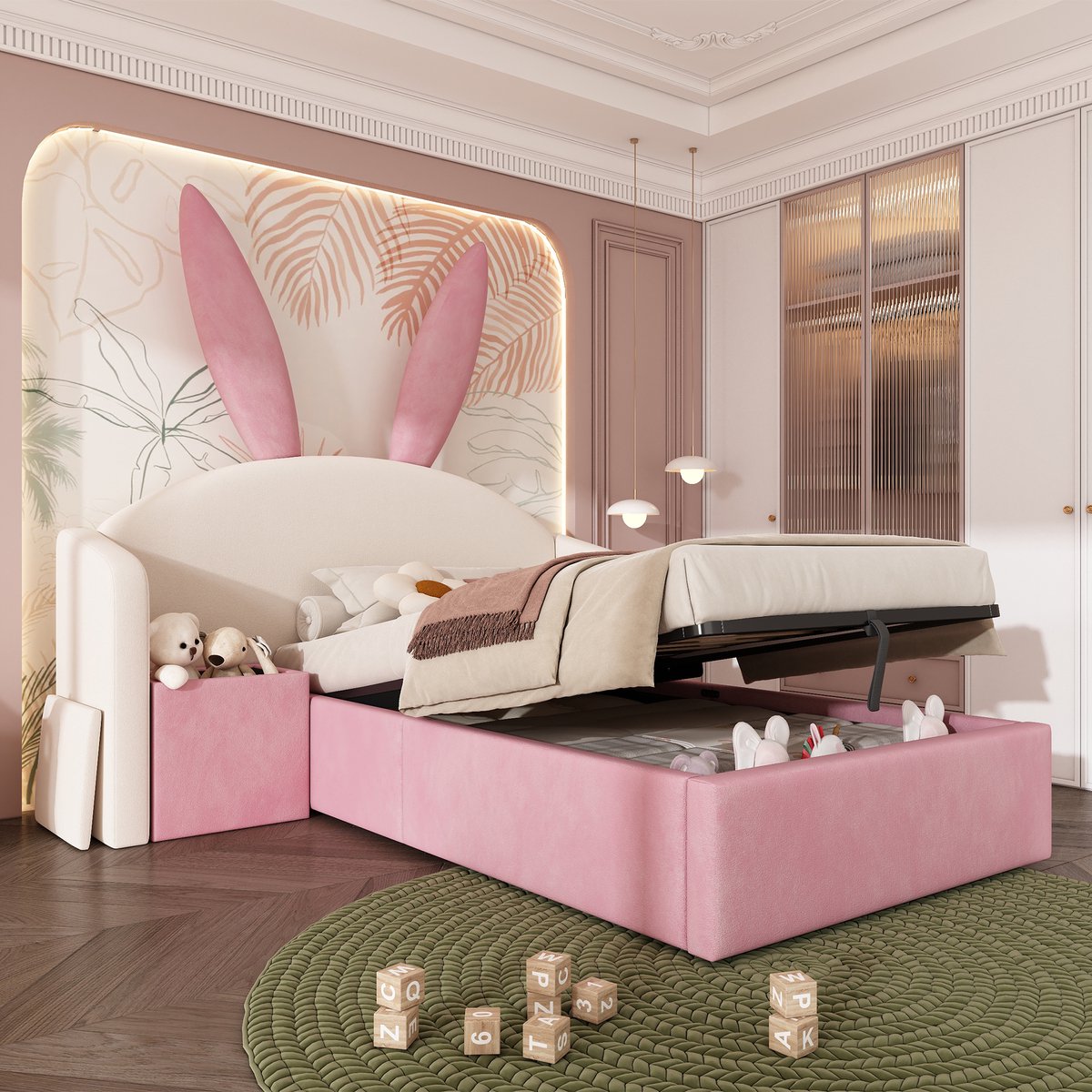 OKWISH Kinderbed 90x190 cm - Gestoffeerd Bed Met Opbergruimte En Nachtkastje - Zonder Matras - Fluweel - Beige En Roze