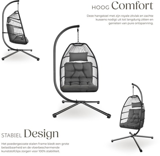 tectake® Luxe Hangstoel - Opvouwbare en draaibare Egg Chair met Standaard - Dikke Kussens - Antislipvoeten - Inclusief Beschermhoes - Ideaal voor Tuin, Terras en Slaapkamer - Donkergrijs