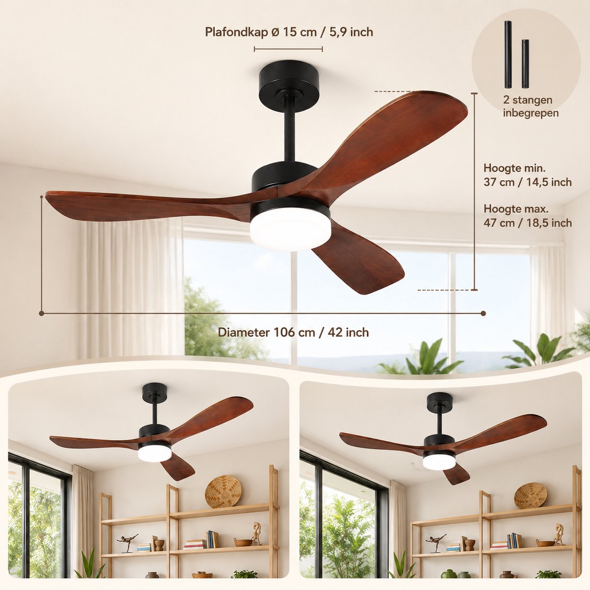 Rosnek Plafondventilator met Lamp - Ventilator Plafond met Massief Houten Bladen - LED Plafondlamp Dimbaar - Afstandsbediening & App - 6 Snelheden - Stille DC Motor - Ø106cm thumbnail 8