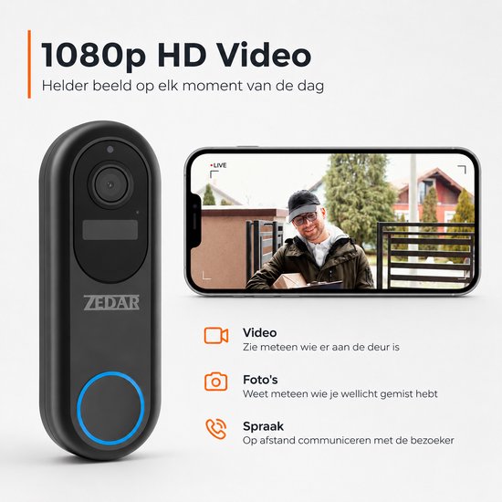 Video Deurbel - Inclusief Binnenbel & SD-kaart(32GB) Vast stroom of Batterijen - 2K Ultra HD - WiFi - T-ring geluid - Zonder abonnement - Video deurbel met Camera