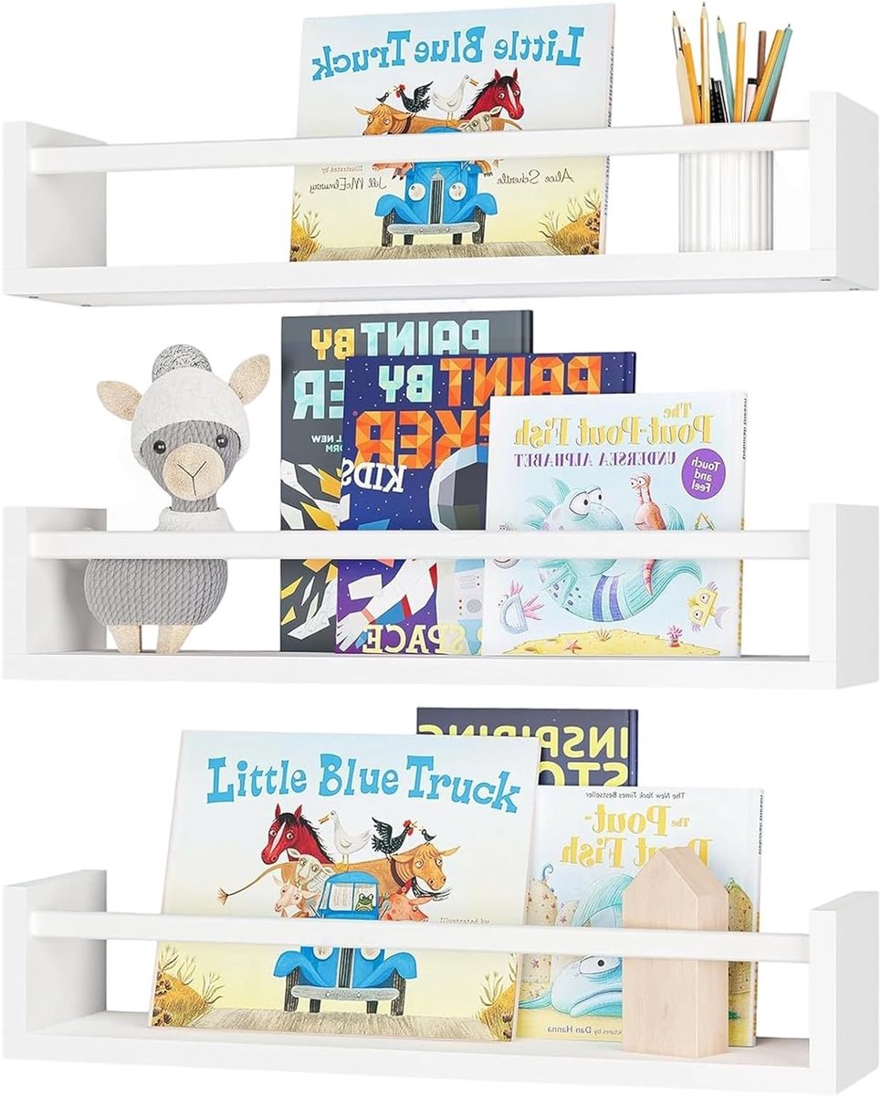 Zwevende boekenkasten voor de kinderkamer, 3 stuks, houten wandplanken met lip, ruimtebesparende opslag en decoratieve wandrekken