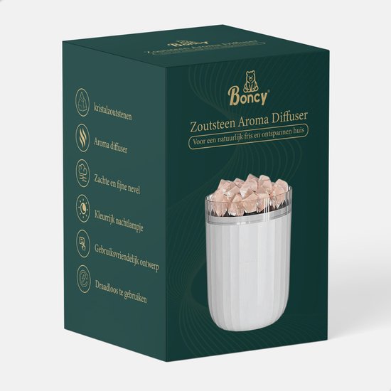Boncy Zoutsteen Aroma Diffuser met kristalzoutstenen, kleurrijk nachtlampje en zachte nevel.