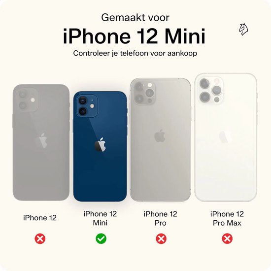 Verschillende iPhone 12 modellen naast elkaar: iPhone 12, iPhone 12 Mini (groen vinkje), iPhone 12 Pro en iPhone 12 Pro Max.