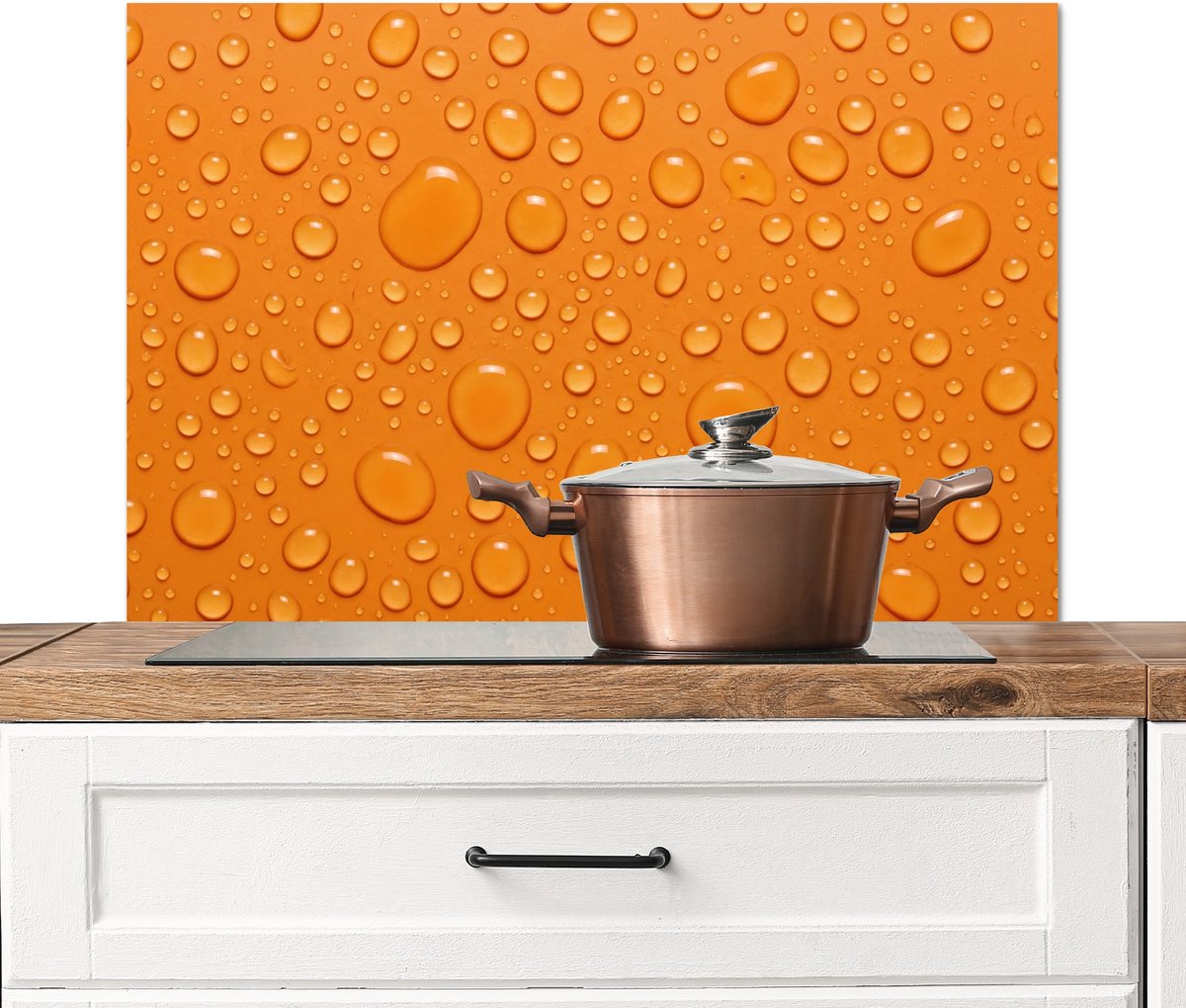 KitchenYeah Spatscherm keuken 90x60 cm Kookplaat achterwand Water Druppels Oranje Muurbeschermer Spatwand fornuis Hoogwaardig aluminium