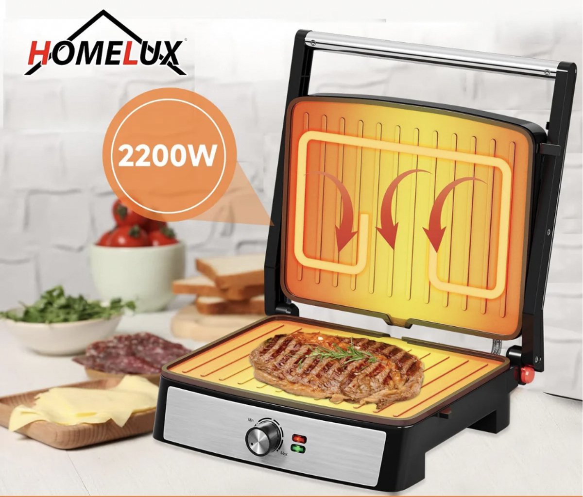 HOMELUX Tosti apparaat - 3 in 1 Multifunctionele grill voor panini's - 34x23CM - 2200W - Contactgrill Steaks en sandwiches - Sandwichmaker - Panini-grill en broodrooster thumbnail 8