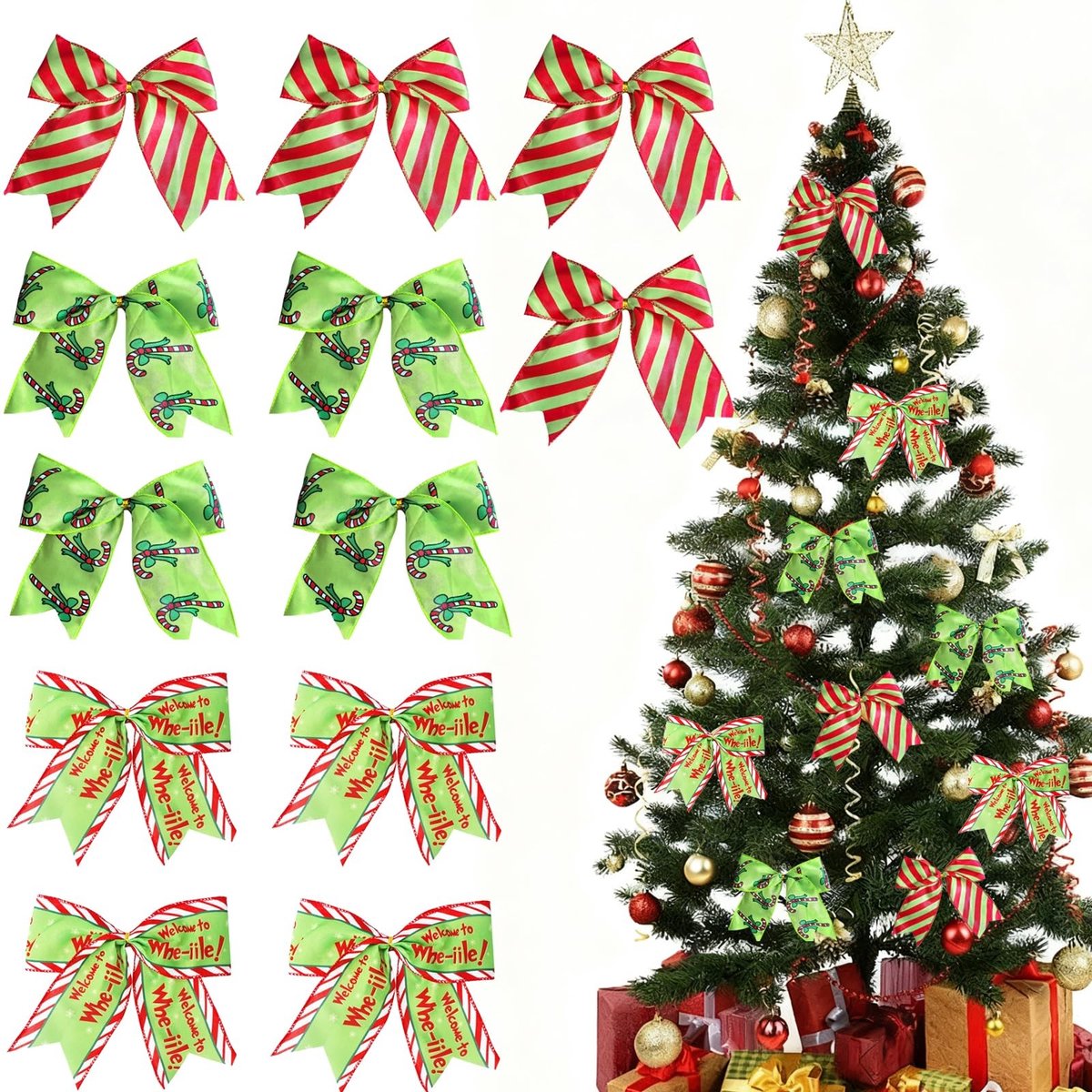 JHUBERS- Kerststrikken 12 stuks - Kerstdecoratie - Rode Strikken met Strepenpatroon - Cadeauverpakkingen - Kerstboomdecoratie - Veelzijdige Ontwerpen