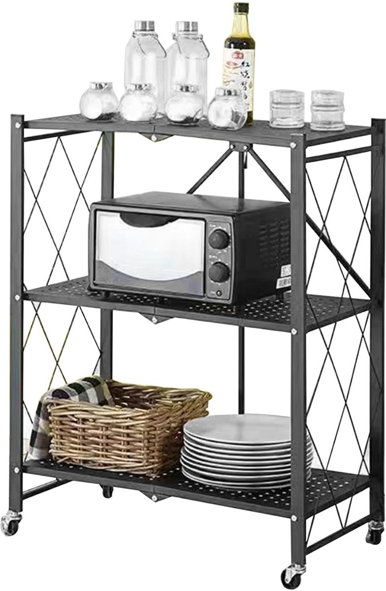 BRENZOOS- Serveertrolley Lichtgewicht - Inklapbaar - Keukenwagen - Rolwagen - Multifunctionele Wagen - Robuust Stalen Frame - Opbergwagen