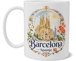 Mok Barcelona Spanje souvenir, front back print met vintage Art Nouveau reisillustratie, Sagrada Família, mozaïek en bloemen, zichtbaar op beide zijden, cadeau voor stedentrip fan en vakantieherinnering