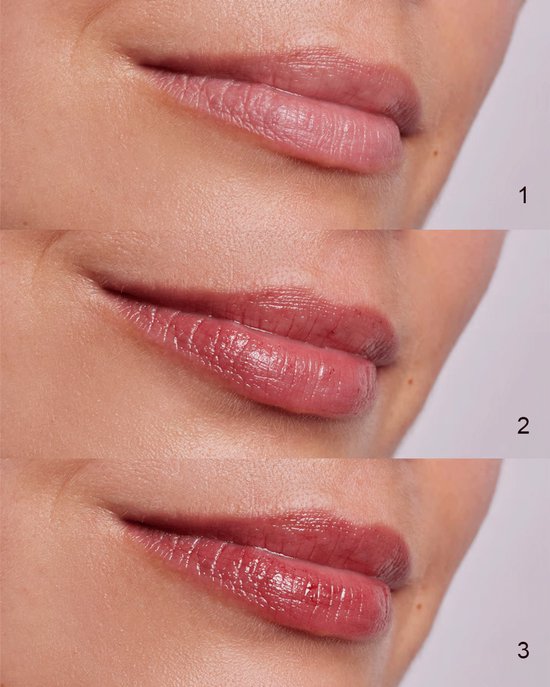 Drie close-ups van lippen met verschillende tinten lipstick, genummerd 1, 2 en 3.