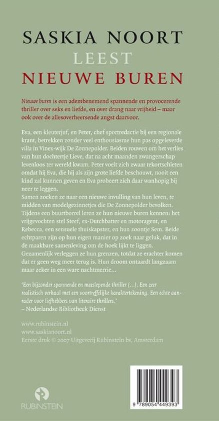Boek "Nieuwe Buren" van Saskia Noort. Achterkant met tekst. ISBN 97890449393.