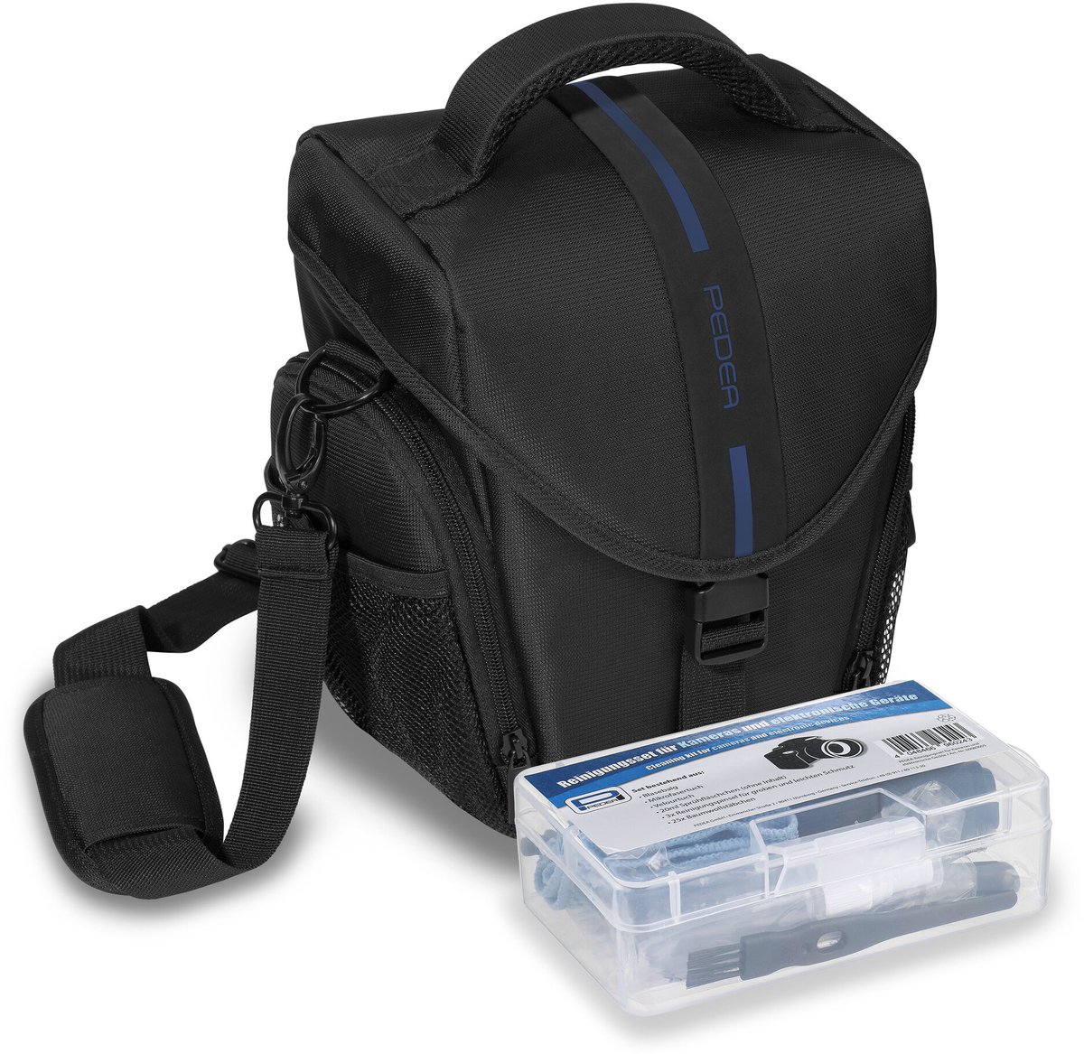 PEDEA Essex Pro Snap Zwart / Blauw - Camera XL Holster Tas + Reinigingsset