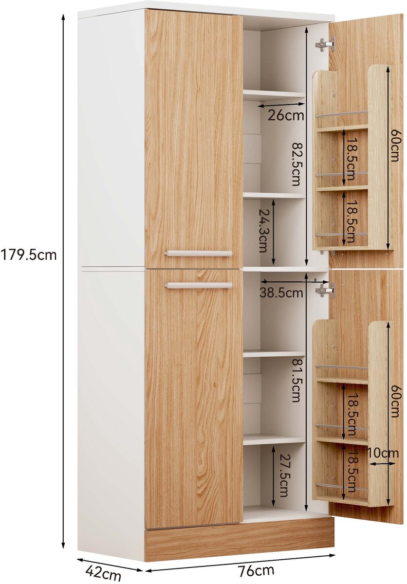 OKWISH Keukenkast Voorraadkast – 76 x 42 x 180 cm – 4 Deuren – Verstelbare Planken – Voor Keuken En Eethoek – MDF Wit Naturel — cadeau in Cadeau-ideeën - foto 2