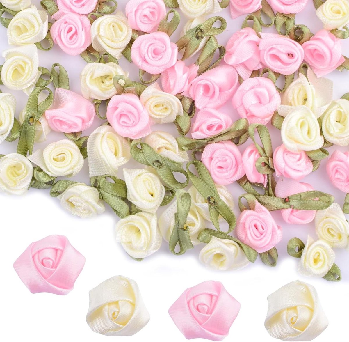 Satijnen Lintrozen - Handgemaakte Bloemen - DIY Knutselen - Platte Achterkant - 120 Stuks - Roze Beige