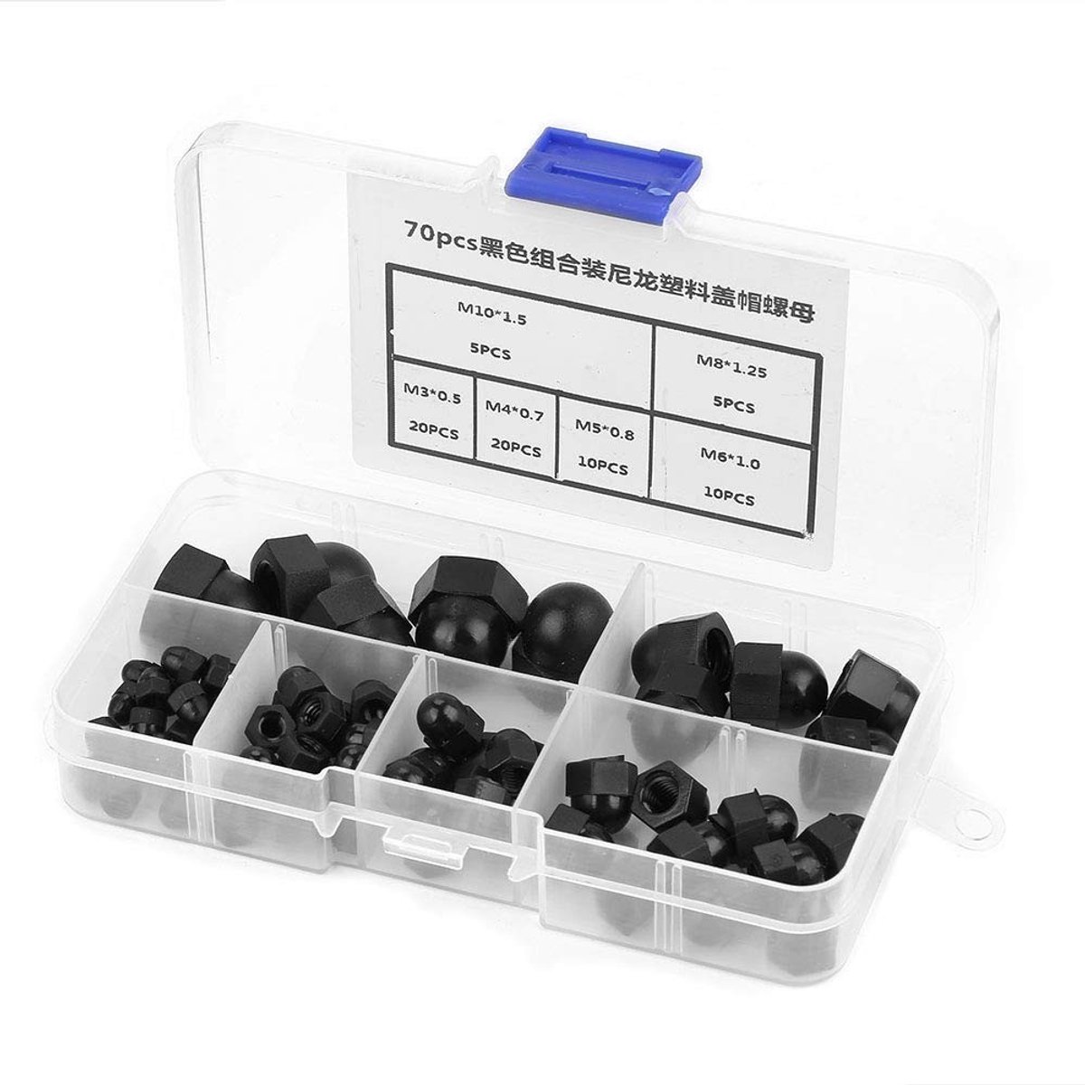 Dailygoods - Hex Acorn Cap Nuts - Assortiment - Zwart - Nylon Eikelmoer - 70 Stuks - Geschikt voor M3 tot M10