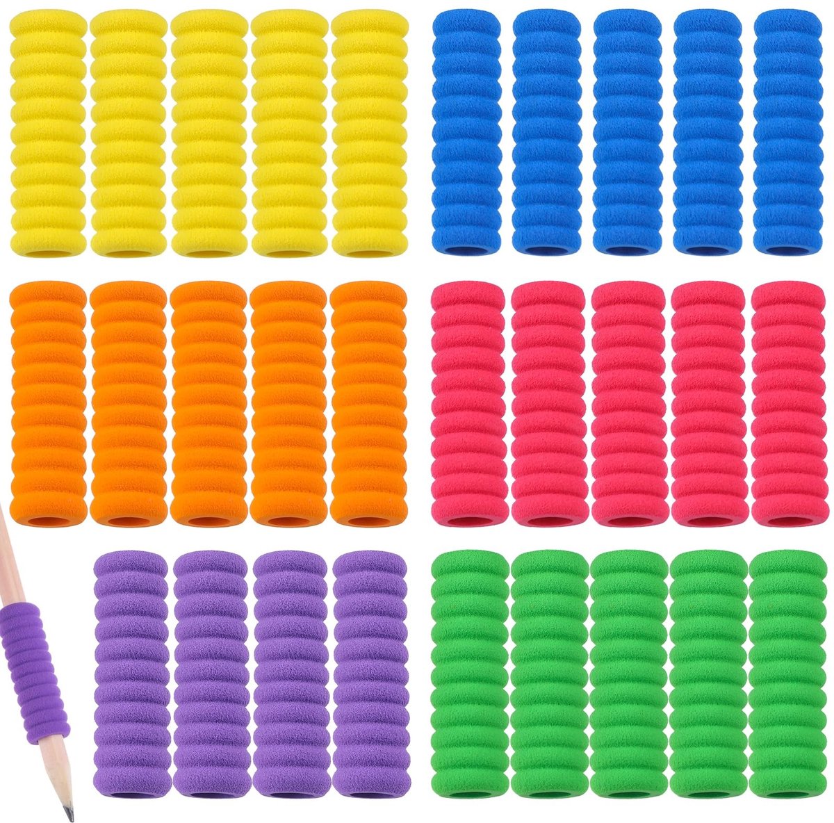 Dailygoods- Pennenhouders 30 Stuks - Schuimrubberen Grip - Ergonomische Schrijfhulp - Potloodgrepen - Vingerafstandhouders - 6 Kleuren