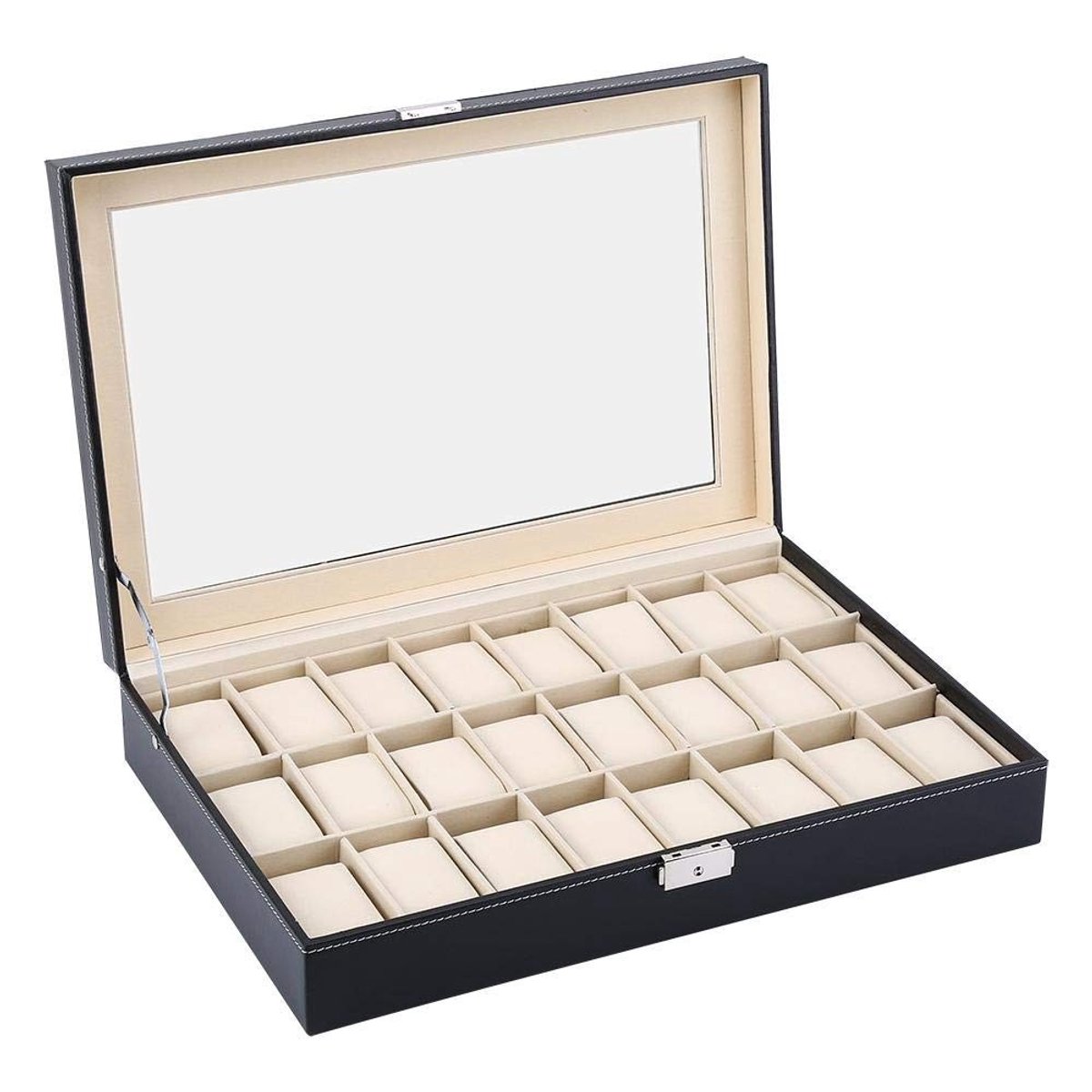 Dailygoods- Horlogebox 24 slots - Horlogedoos - PU-lederen - Zachte kussens - Metalen sleutelslot - Elegant ontwerp