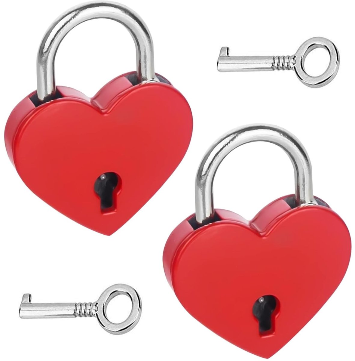 Dailygoods- Hangslot Mini Hartvorm - 2 Stuks - Rood Met Sleutel - Decoratief Slot - Voor Dagboek/Juwelenkist - 3,3 x 2,5 cm - Decoratieslot