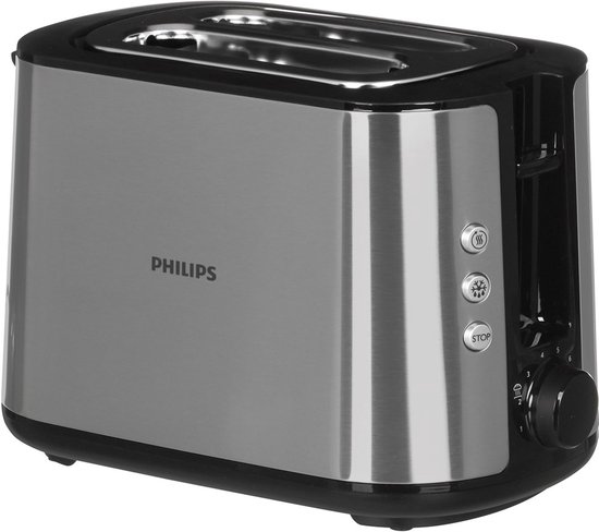Grille-pain Philips argenté avec détails noirs et boutons de commande.