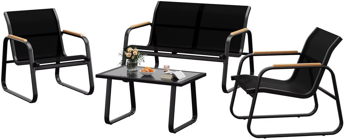 4-Delige Tuinmeubelset – 2-Zitsbank, 2 Stoelen & Glazen Salontafel – Weerbestendige Loungeset van Metaal en Textiel – Terrasmeubelen voor Tuin, Balkon & Veranda
