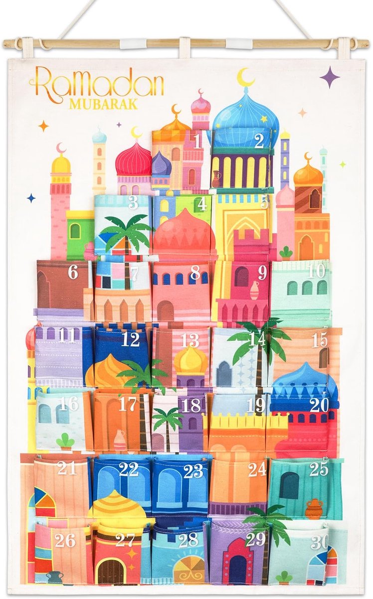 Dailygoods- Adventskalender Herbruikbaar - Ramadan Wandkalender - 30 Zakken - Veelkleurig - 10 x 10 cm - Eid Decoraties - Kalender