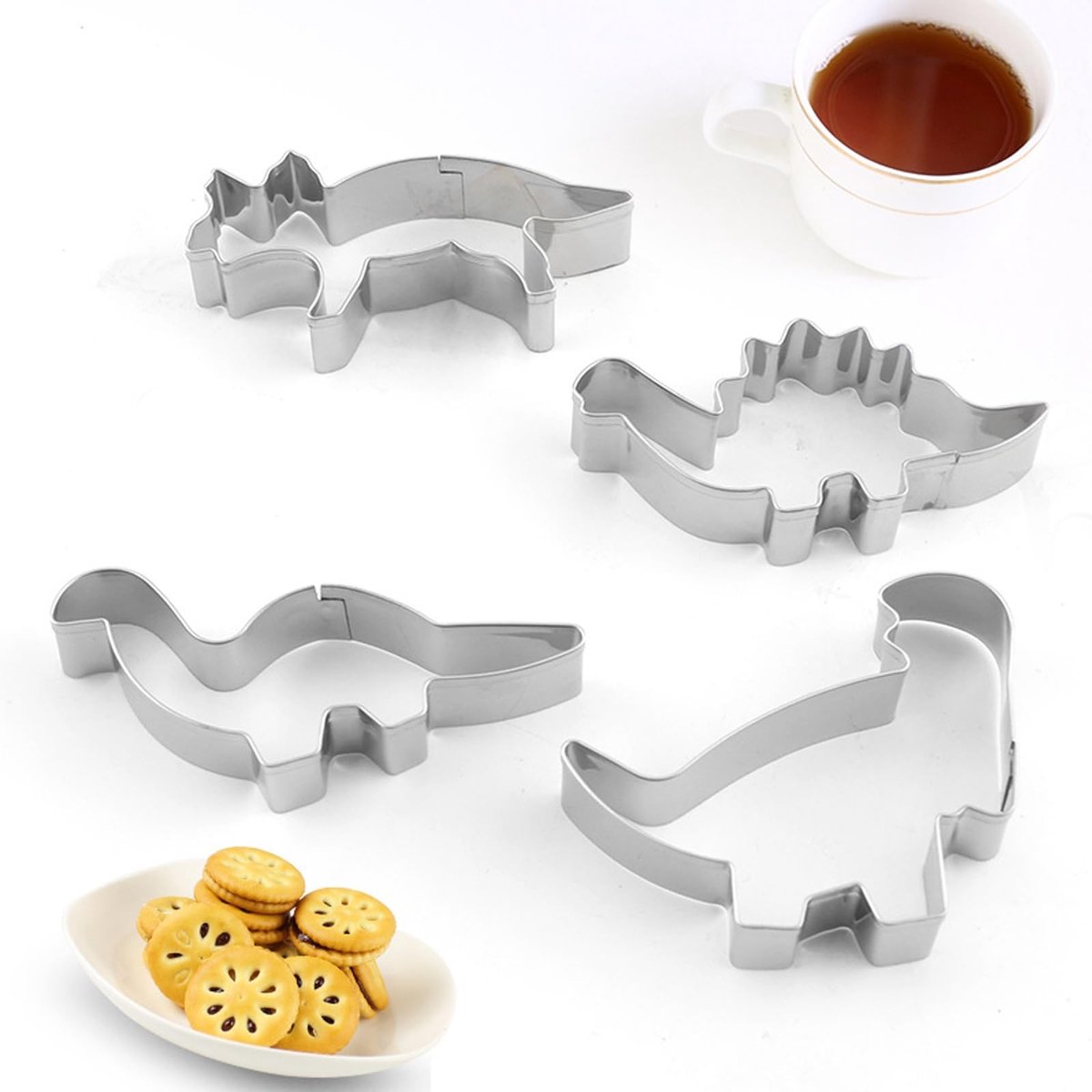 Dailygoods- Uitsteekvormpjes Dinosaurus - 4 Stuks - Roestvrij Staal - Koekjes/Fondant - Kindvriendelijk - Vaatwasmachinebestendig - Creatief Bakaccessoire - Koekjesvormpjes