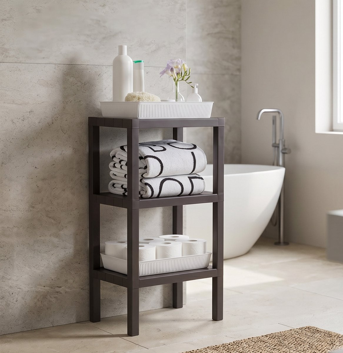 INDECOR Badkamerrek 3-Laags Kunststof Opbergrek – Plantenrek en Organizer voor Keuken, Woonkamer en Tuin – Zwart