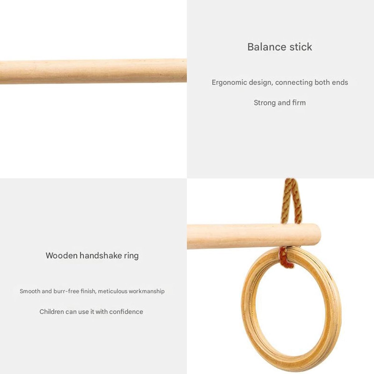 Houten trapeziumschommel - Gymnastiekringen set - Krachtopbouw kind - In hoogte verstelbaar - Tot 150 kg - Natuurlijk hout