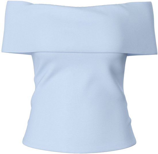 Lichtblauwe off-shoulder top met wijde hals.