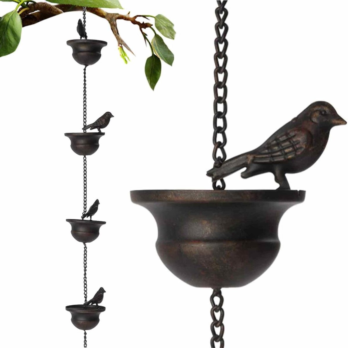 Regenketting - Waterketting Decoratie - Water Afleiden - Met Vogel Decoraties - 2.4 Meter - Donker Brons