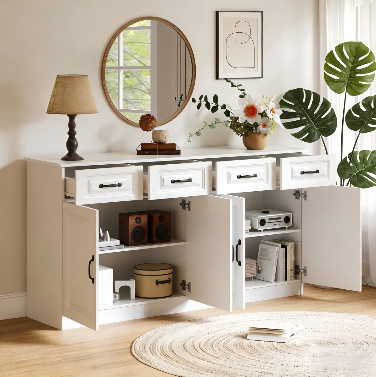 FloraGrace Dressoir - Opbergkast Met 4 Laden En 4 Deuren - Veelzijdig Voor Woonkamer Keuken En Slaapkamer - MDF - 160x35x80 Cm - Wit