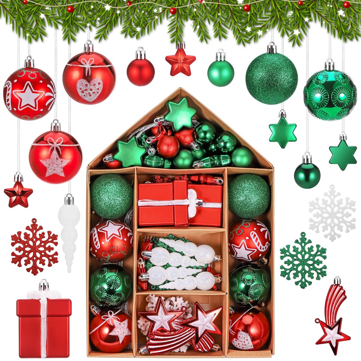 Dailygoods- Kerstballen 70-delig - Kunststof - Rood/Groen - Kerstversiering - Veiligheidswaarschuwing - Kleine onderdelen - Kerstdecoratie