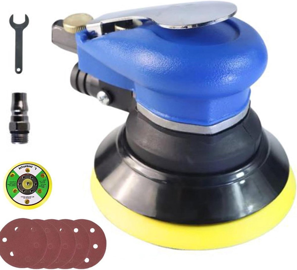 Pneumatische polijstmachine - Luchtschuurapparaat set - Metalen waxen roest - Fluisterstille trillingsvrij - 5 inch pad - Blauw