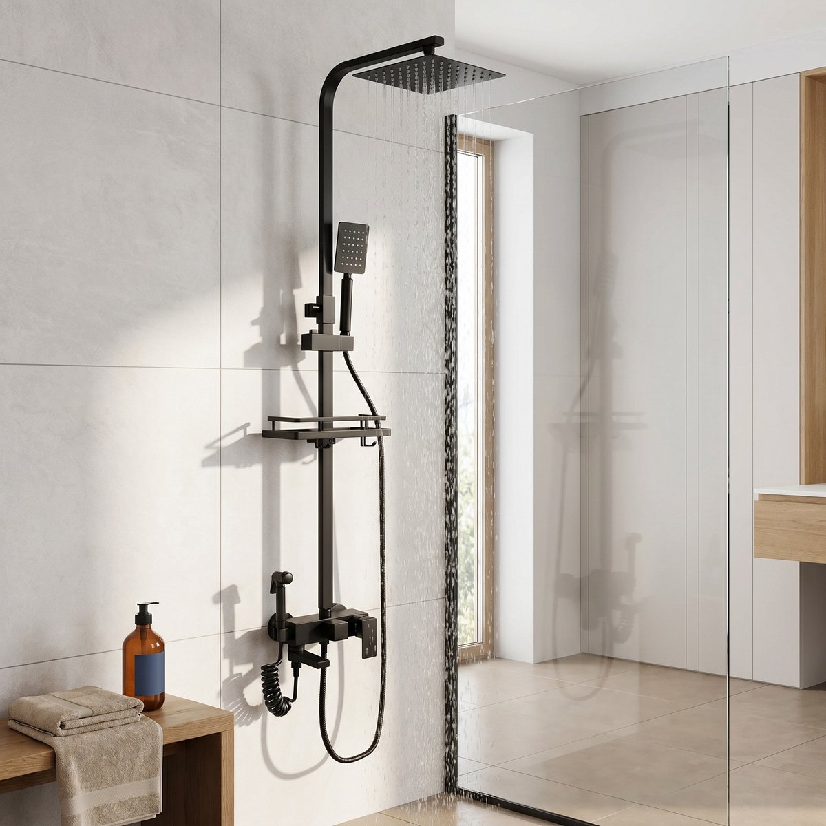 Regendoucheset met Handdouche - Doucheset met Glijstangset 650-1050 mm verstelbaar - 4 functies - Messing - Modern - Mat zwart