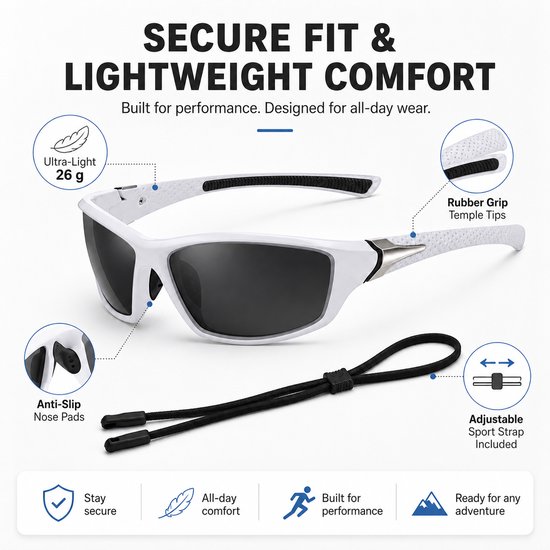 Gepolariseerde Sportzonnebril voor Heren - UV400 Bescherming Fietsbril en Hardloop Zonnebril - Ultralichte Visserszonnebril met Antislip PC Montuur - Inclusief Brillenband en Etui -Wit frame met grijze rand. — afbeelding 2