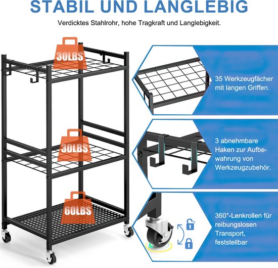 Zware Stalen Tuingereedschap Opbergrek met Haken en Wielen - Roestbestendige Gereedschapsorganizer voor Tuin en Garage - Zwart — afbeelding 5