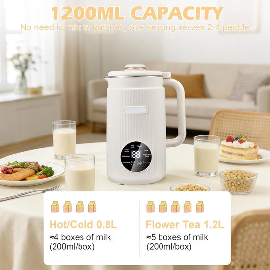 Notenmelkmaker, 1200 ml, automatische zelfreiniging, 8-in-1, met timer, geschikt voor havermelk, amandelmelk, sojamelk en vruchtensap, wit. — afbeelding 3