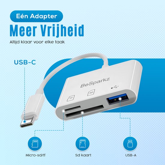 Witte BeSparkz SD-kaartlezer met USB-C-kabel, TF-kaart, SD-kaart en USB-A-poort. Met "Eén Adapter Meer Vrijheid" tekst.