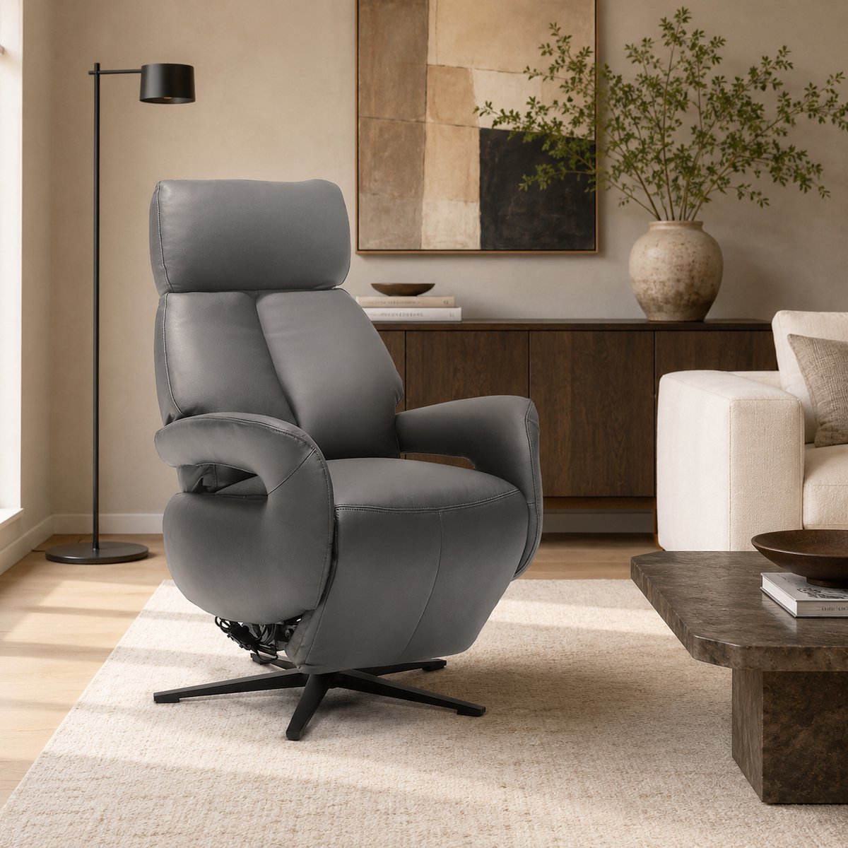 Relaxfauteuil Milo – Echt leer – Sta-op stoel - Elektrisch Verstelbaar – Met accu – 2 Motoren – 360° Draaibaar – Antraciet
