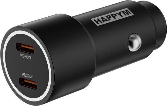 Zwarte HappyM autolader met twee USB-C poorten, PD30W label, aluminium behuizing en zilveren contactpunten.