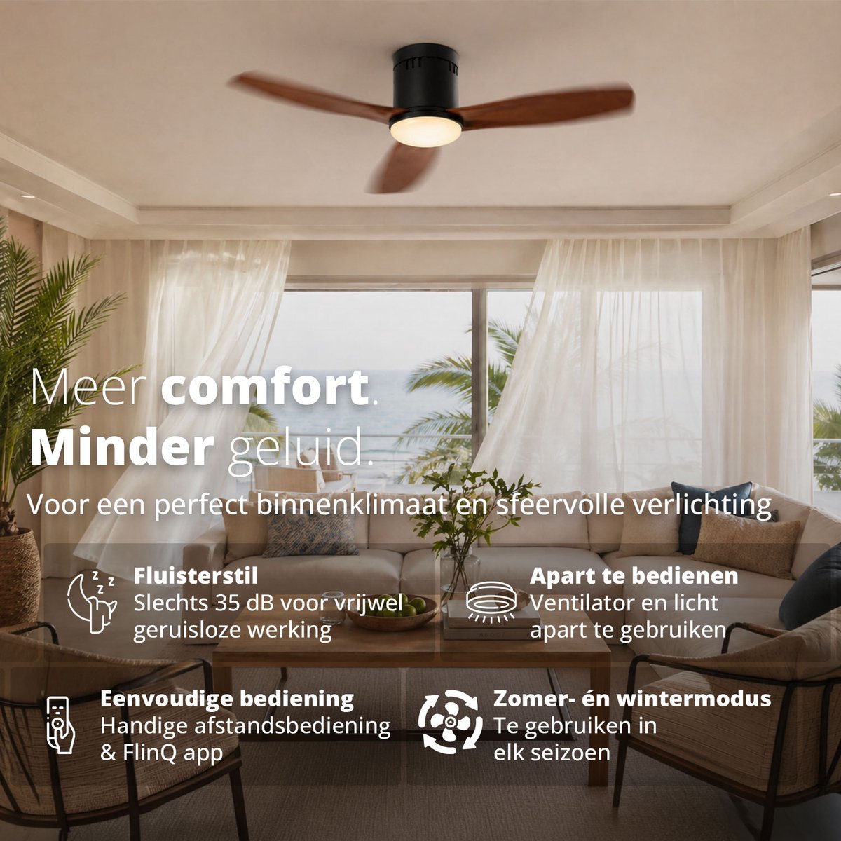 FlinQ Venturo Smart Plafondventilator met Verlichting - Ventilator voor aan het Plafond - Ideaal voor op de Slaapkamer - Bestuurbaar met App of Afstandsbediening thumbnail 3