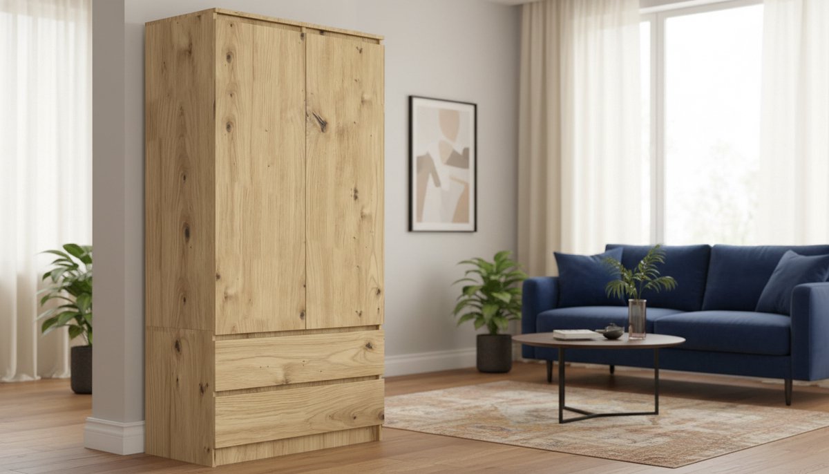 Kledingkast 2 Deurs 180x90x51 cm – Garderobekast met 2 Laden, 4 Planken & Kledingroede – House&Garden Multifunctionele Opbergkast – Eiken Artisan Look – Slaapkamer, Hal & Woonkamer Kast – Modern Design