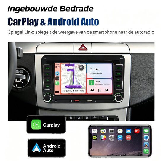 ESSGOO autoradio met ingebouwde bedrade CarPlay & Android Auto. Toont de weergave van de smartphone op het autoradioscherm.