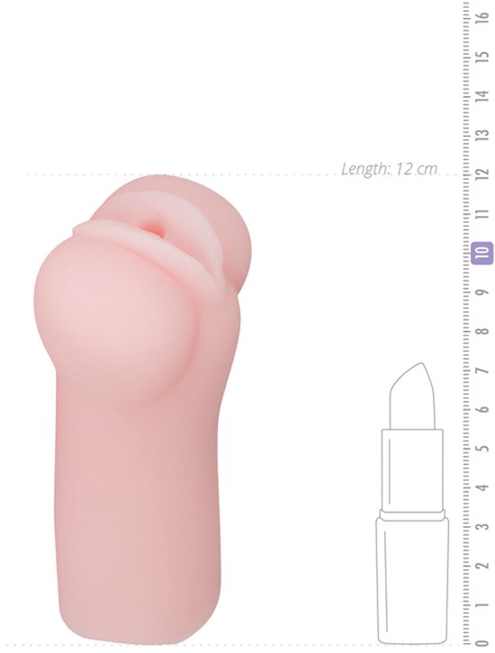 Roze mini masturbator met een lengte van 12 cm, naast een geschetste lippenstift.