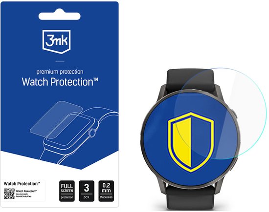 Horloge met schermbescherming, met een blauw en geel schildlogo.