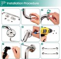 Installatieprocedure voor een wandbeugel in 9 stappen, met gereedschap zoals een boormachine en hamer.
