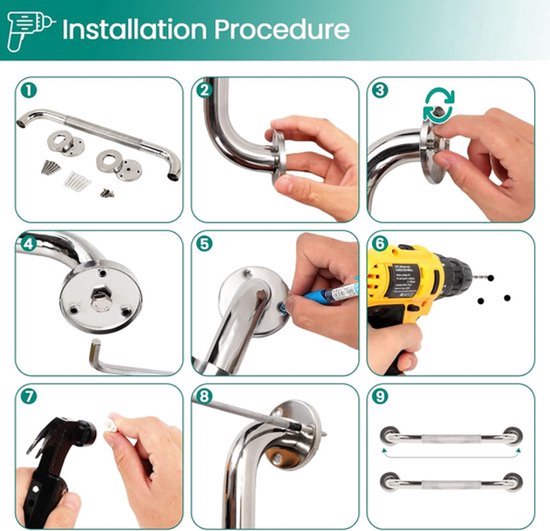 Installatieprocedure voor een wandbeugel in 9 stappen, met gereedschap zoals een boormachine en hamer.