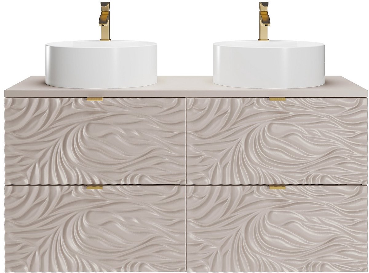 Vente-unique Getextureerd zwevend badkamermeubel met dubbele ronde opzetwastafel - Beige - 120 cm - RINAREL