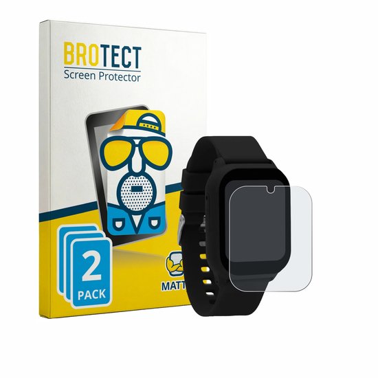 Verpakking met cartoonfiguur, matte screenprotectors en een smartwatch met protector.