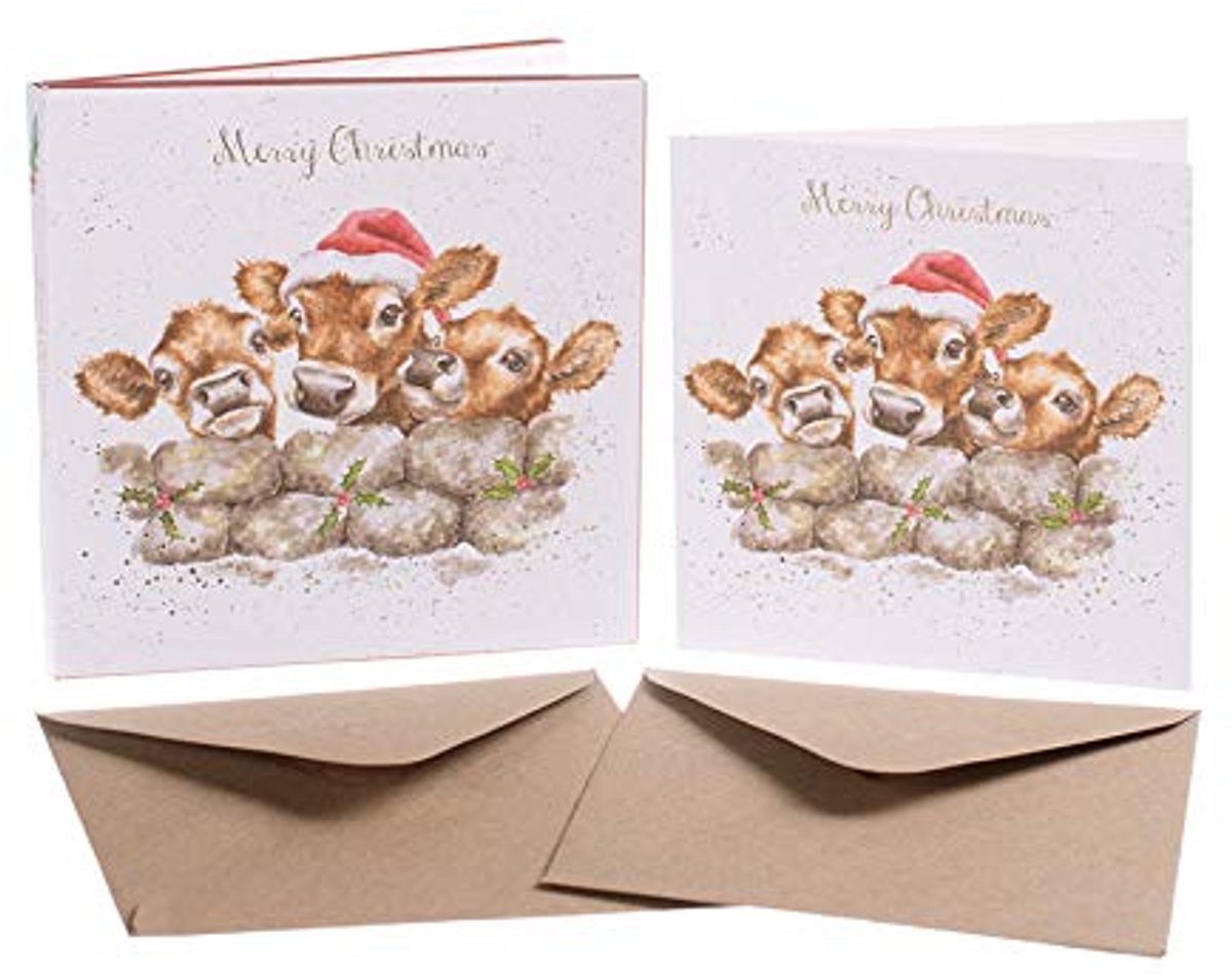 Kerstkaarten Set - Wenskaarten Doos - Feestelijke Groeten - Goudfolie Details - 8 Stuks - Geel/Perzik/Bruin