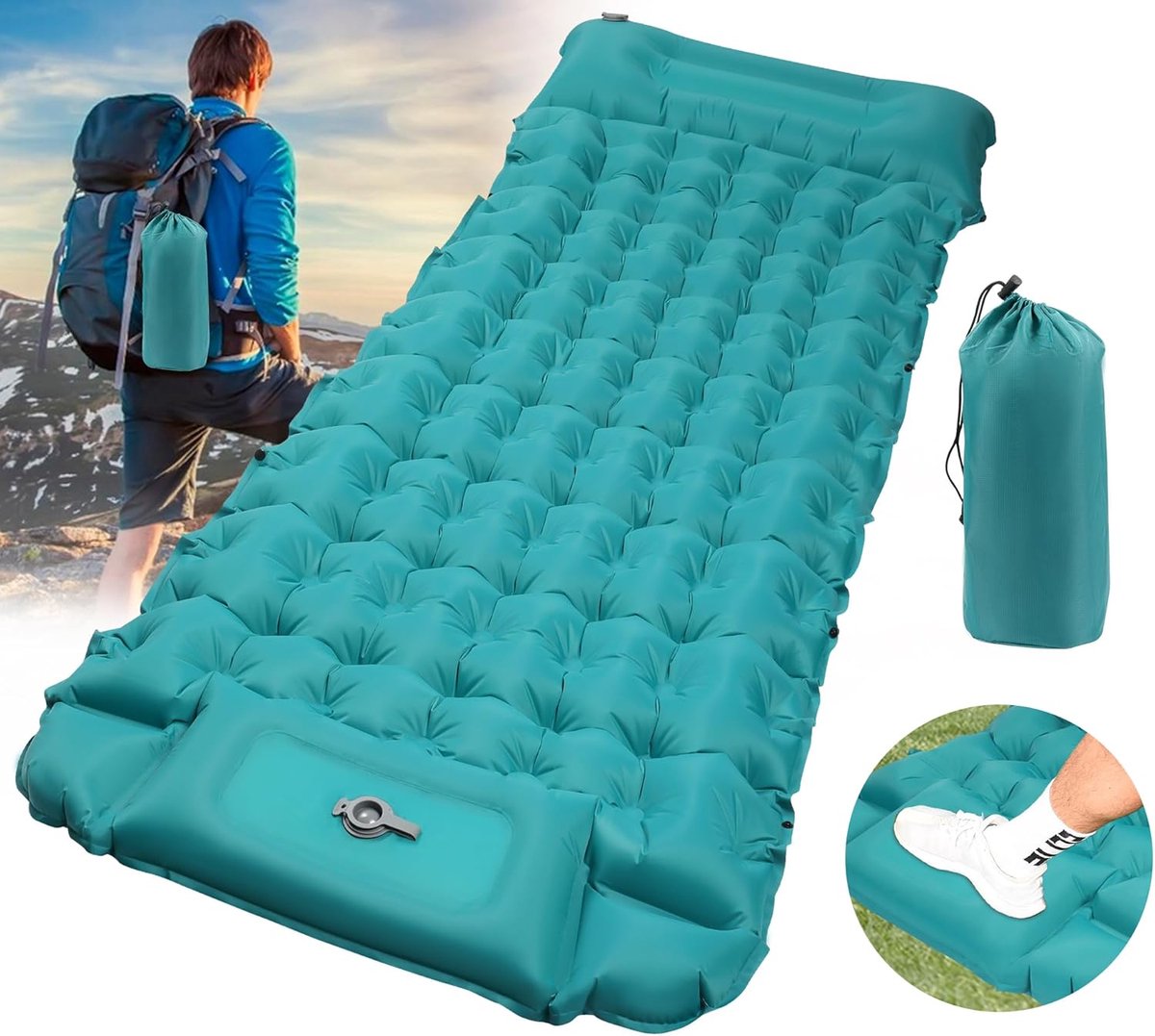 Zelfopblaasbaar Isomat met Voetpomp en Kussen - Ultralicht Campingluchtmatras outdoor 200x70x10 cm